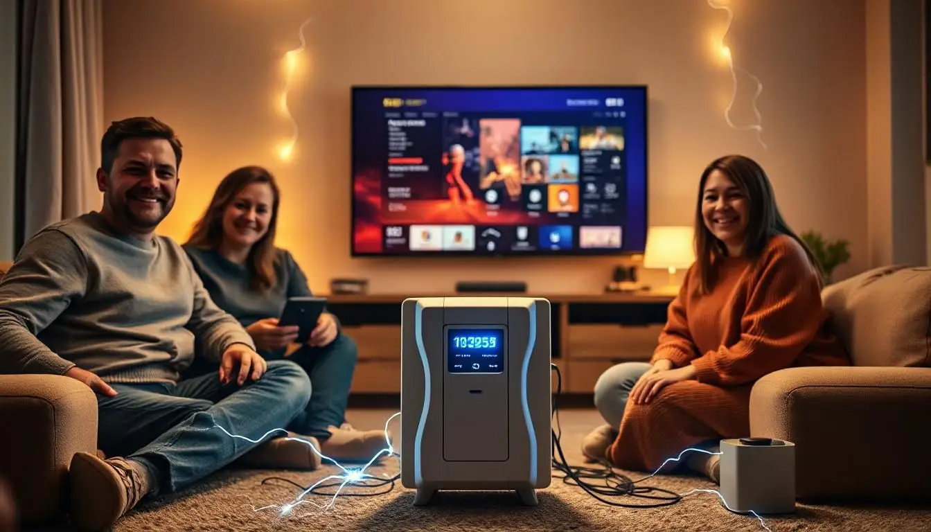 Российская гостиная 2025 года с современным Surge Protector для защиты электроники, семья европейской внешности